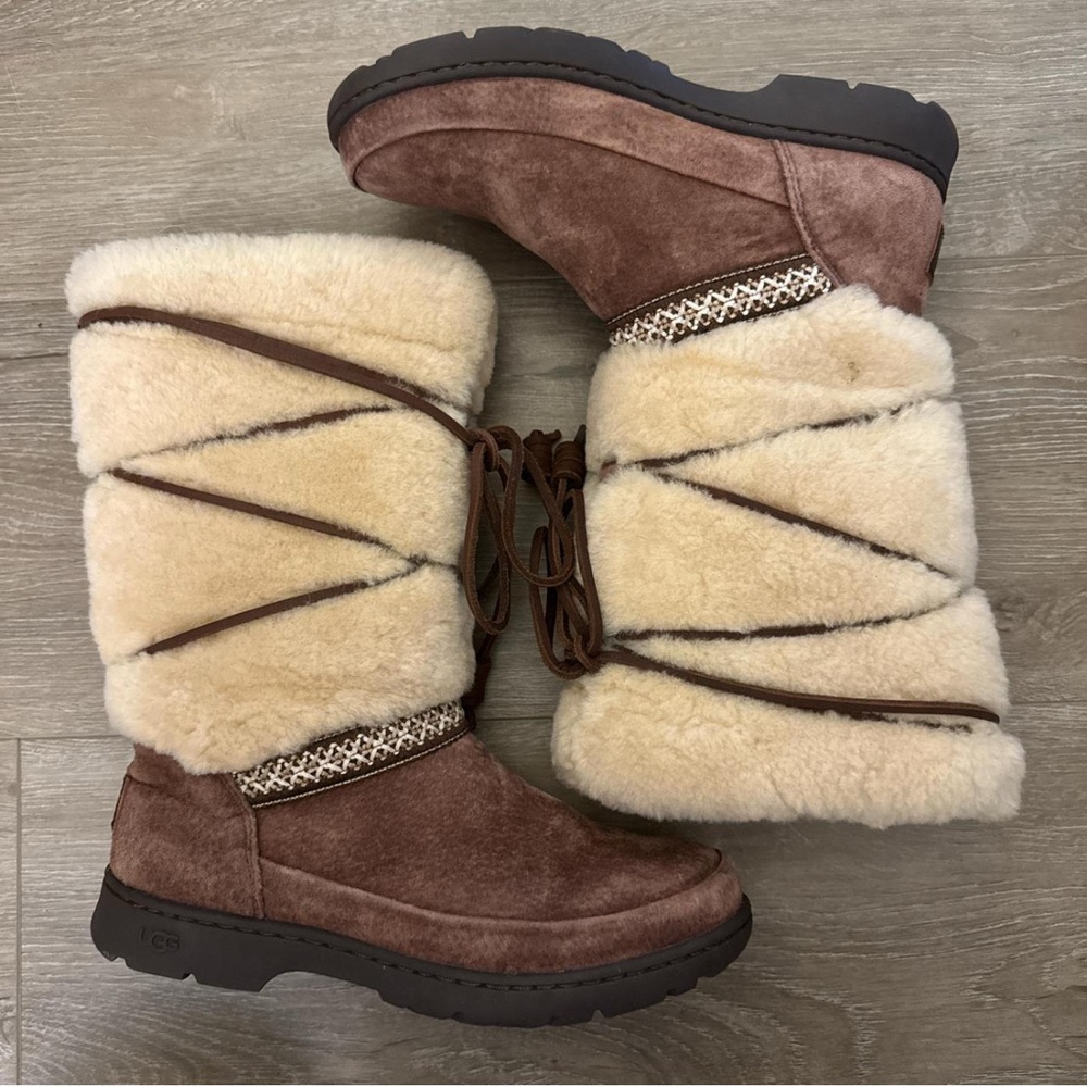 UGG Maxie Waterproof Suede and Shearling Boots - Brown and Cream - Picture 3 of 6